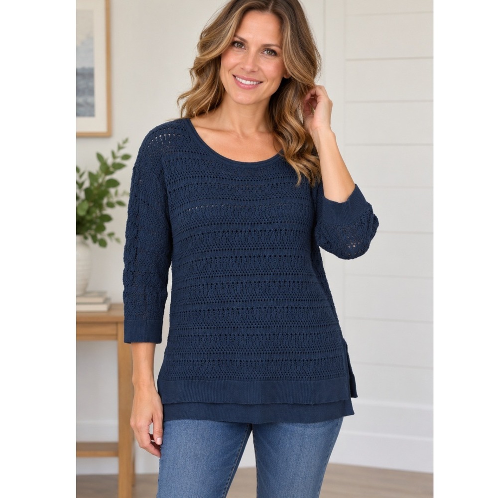 St John's Bay Womens Sweater S Navy Blue Open Knit 3/4 Sleeve Side Slit